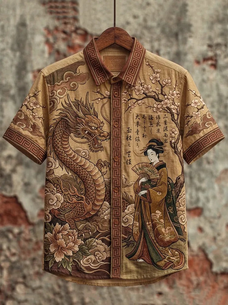 Stylitex Premium Vintage Dragon Geisha Art Print Shirt for Men Casual Summer Half Sleeve Button Down Streetwear Designer Luxury Asian Fashion Shirt