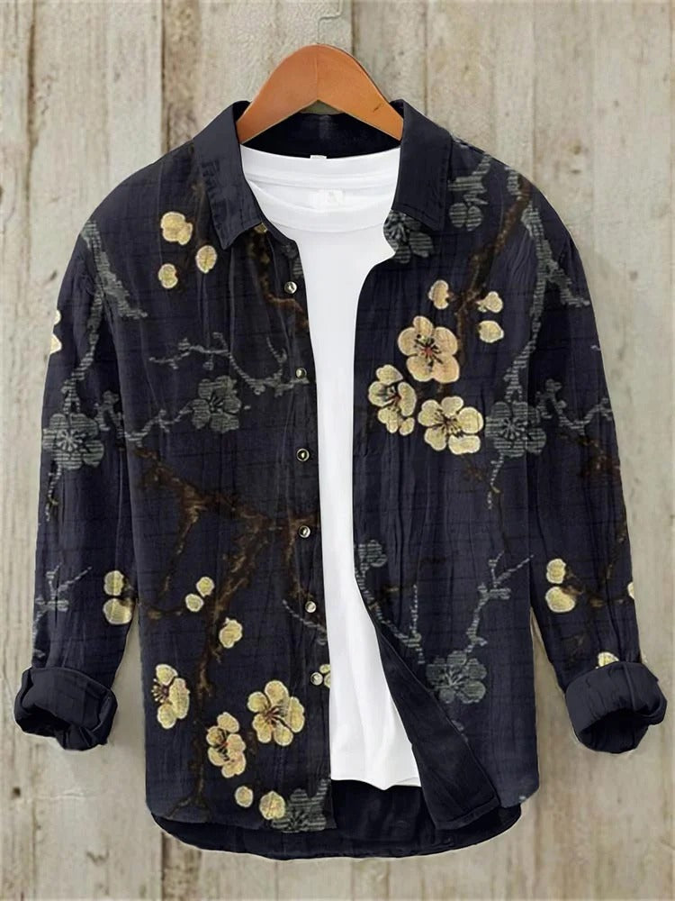 Stylitex Midnight Sakura Shirt for Men Japanese Floral Gold Accent Long Sleeve Casual Designer Shirt