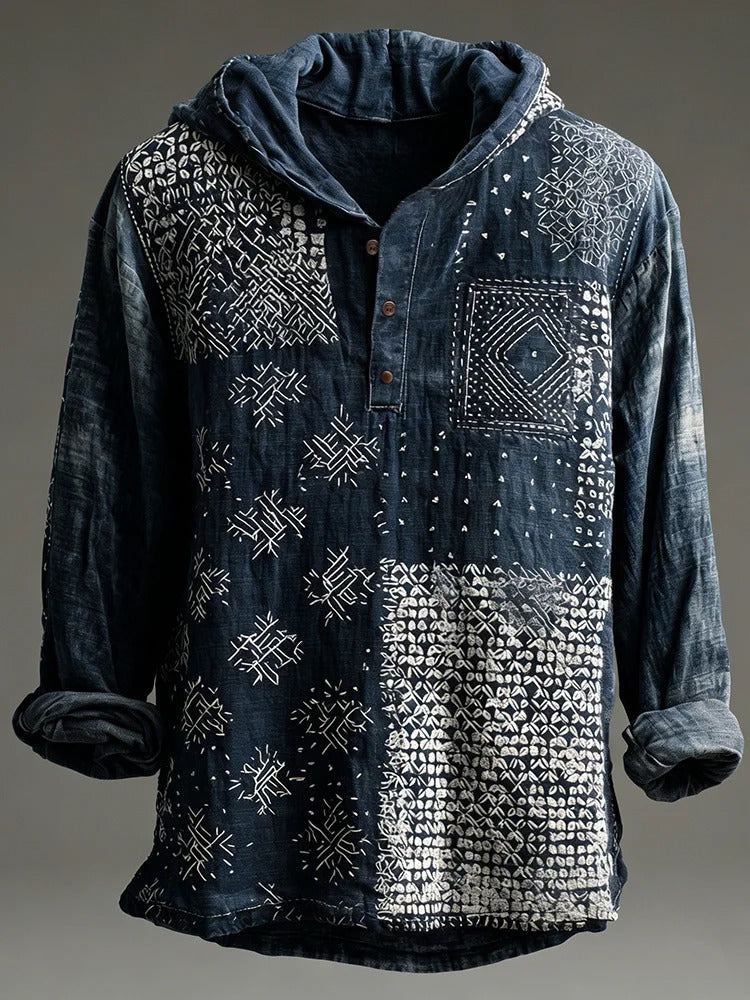 Stylitex Indigo Patchwork Hoodie Shirt for Men Vintage Japanese Style Long Sleeve Casual Linen Blend Hooded Shirt Artistic Streetwear