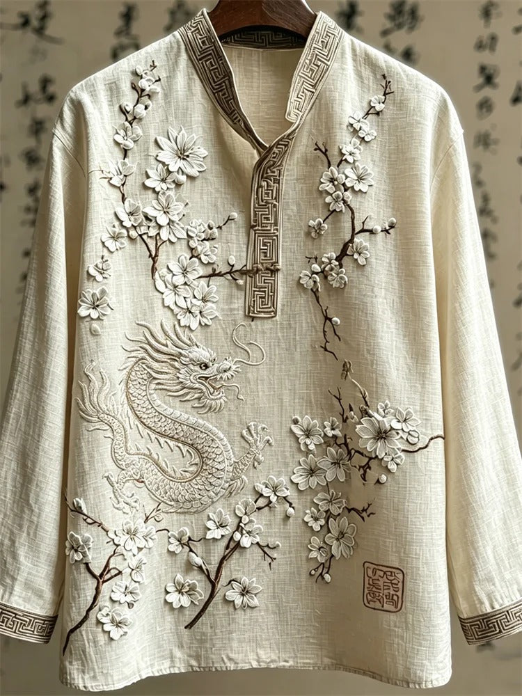 Stylitex Premium Mandarin Collar Dragon Blossom Embroidered Shirt for Men Casual Summer Half Sleeve Button Down Streetwear Designer Luxury Linen Style Asian Fashion Shirt
