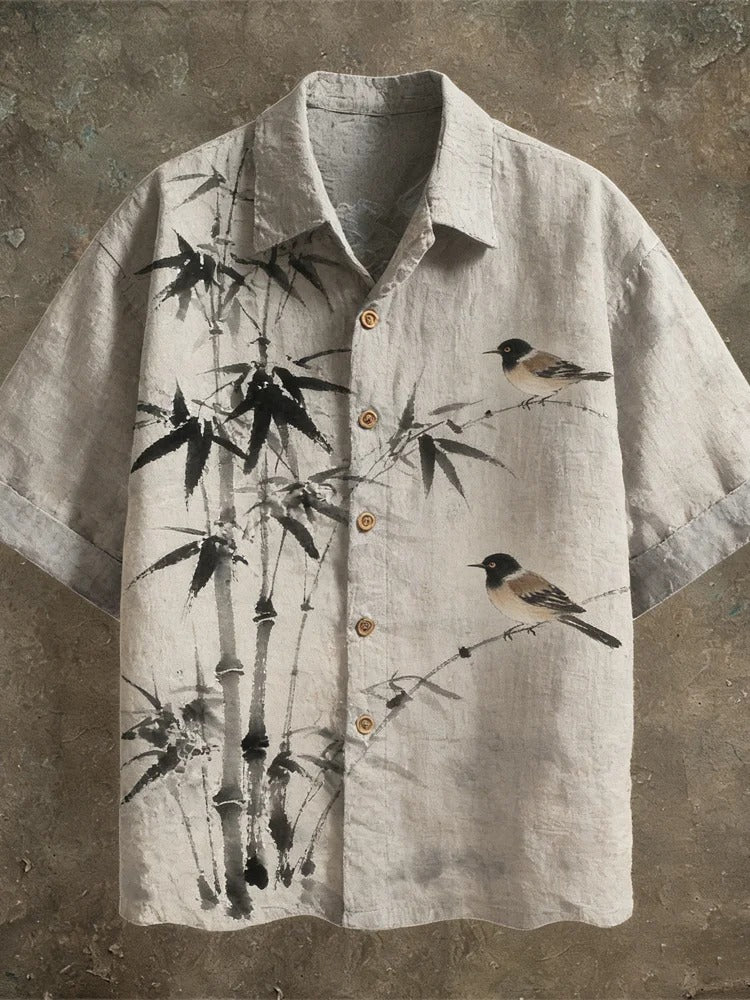 Stylitex Premium Japanese Bamboo Bird Ink Art Print Shirt for Men Casual Summer Half Sleeve Button Down Streetwear Minimalist Designer Linen Style Fashion Shirt