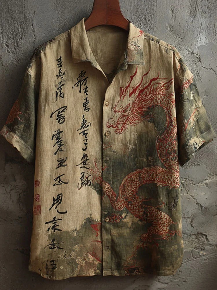 Stylitex Premium Vintage Japanese Red Dragon Brush Art Print Shirt for Men Casual Summer Half Sleeve Button Down Streetwear Designer Fashion Shirt