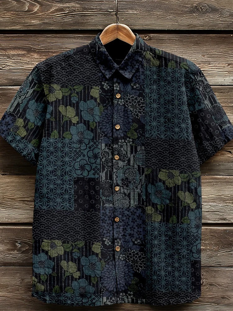 Stylitex Premium Japanese Dark Patchwork Pattern Print Shirt for Men Casual Summer Half Sleeve Button Down Streetwear Designer Vintage Fashion Shirt