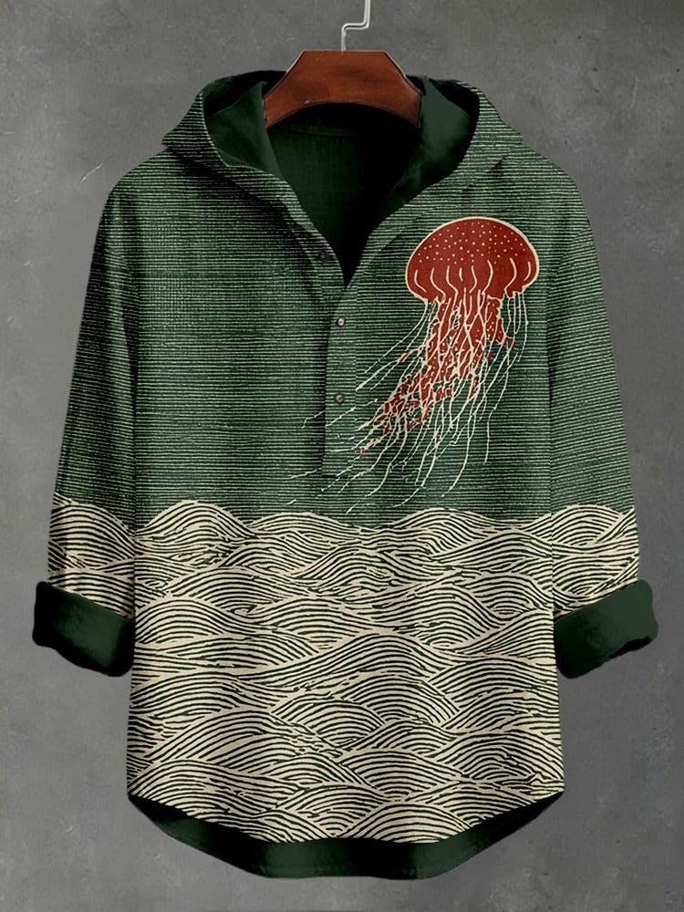 Stylitex Ocean Wave Jellyfish Hoodie Shirt for Men Casual Summer Lightweight Long Sleeve Beach Style Artistic Designer Streetwear Linen Blend Shirt