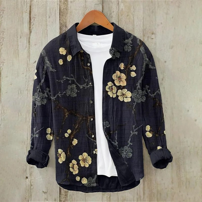 Stylitex Midnight Sakura Shirt for Men Japanese Floral Gold Accent Long Sleeve Casual Designer Shirt