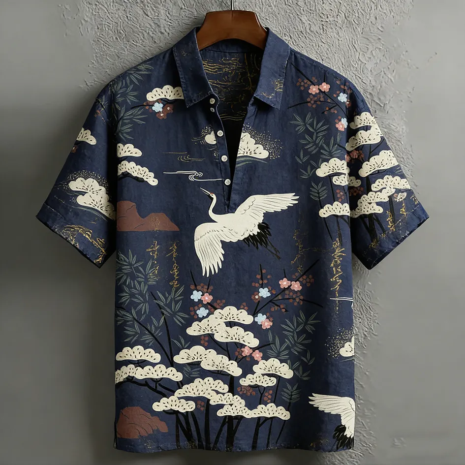 Stylitex Japanese pine tree landscape print shirt for men. Premium breathable linen style fabric, minimalist design perfect for casual summer wear.