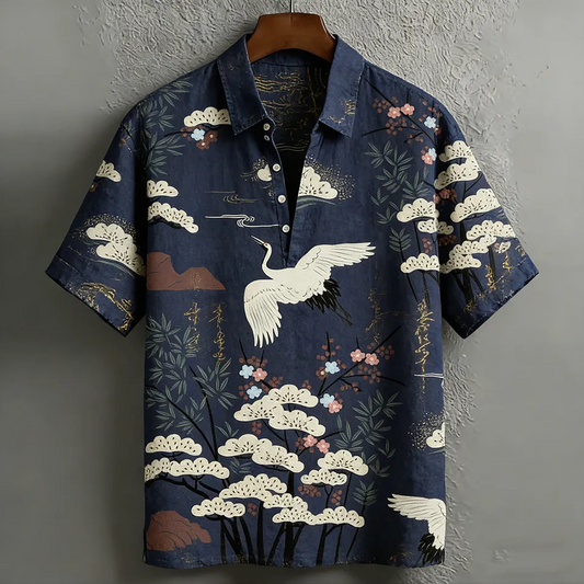 Stylitex Japanese pine tree landscape print shirt for men. Premium breathable linen style fabric, minimalist design perfect for casual summer wear.