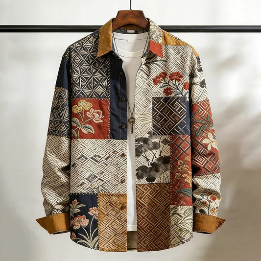 Stylitex Patchwork Heritage Shirt for Men Vintage Japanese Style Long Sleeve Casual Designer Linen Blend Shirt