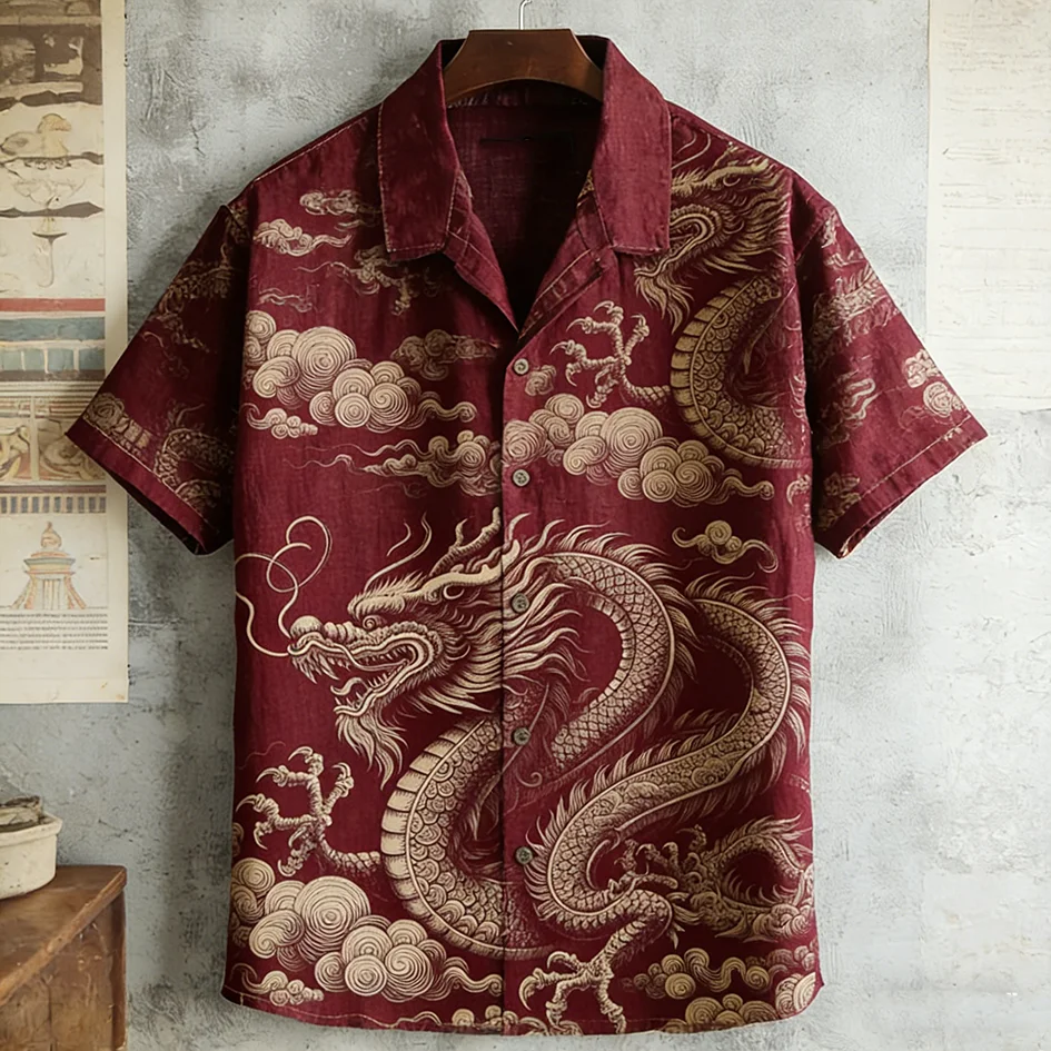 Stylitex Premium Red Dragon Cloud Art Print Shirt for Men Casual Summer Half Sleeve Button Down Streetwear Designer Luxury Asian Fashion Shirt