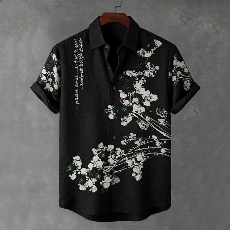 Stylitex Premium Black Blossom Ink Art Print Shirt for Men Casual Summer Half Sleeve Button Down Streetwear Designer Minimalist Elegant Fashion Shirt