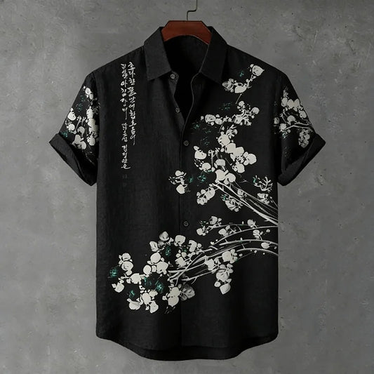 Stylitex Premium Black Blossom Ink Art Print Shirt for Men Casual Summer Half Sleeve Button Down Streetwear Designer Minimalist Elegant Fashion Shirt