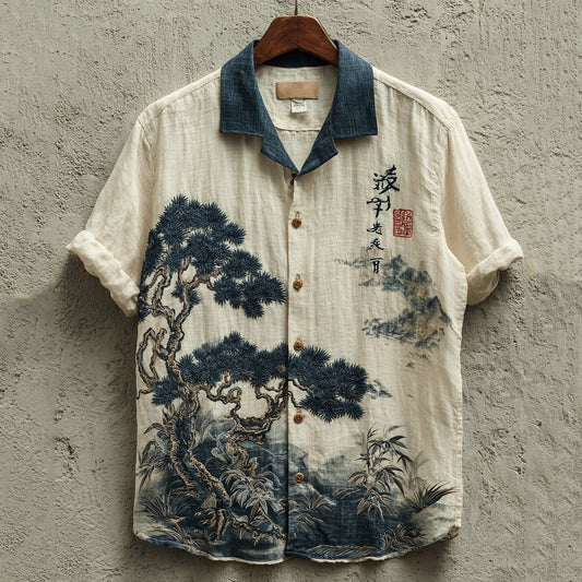 Stylitex Premium Japanese Pine Tree Landscape Art Print Shirt for Men Casual Summer Half Sleeve Button Down Streetwear Designer Minimalist Linen Style Fashion Shirt