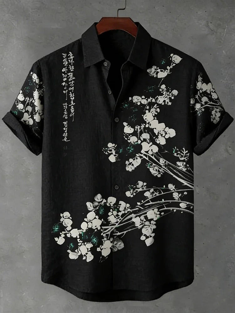 Stylitex Premium Black Blossom Ink Art Print Shirt for Men Casual Summer Half Sleeve Button Down Streetwear Designer Minimalist Elegant Fashion Shirt