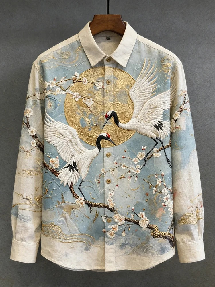 Stylitex Golden Crane Moon Shirt for Men Japanese Style Long Sleeve Casual Linen Blend Shirt Elegant Sakura Designer Wear