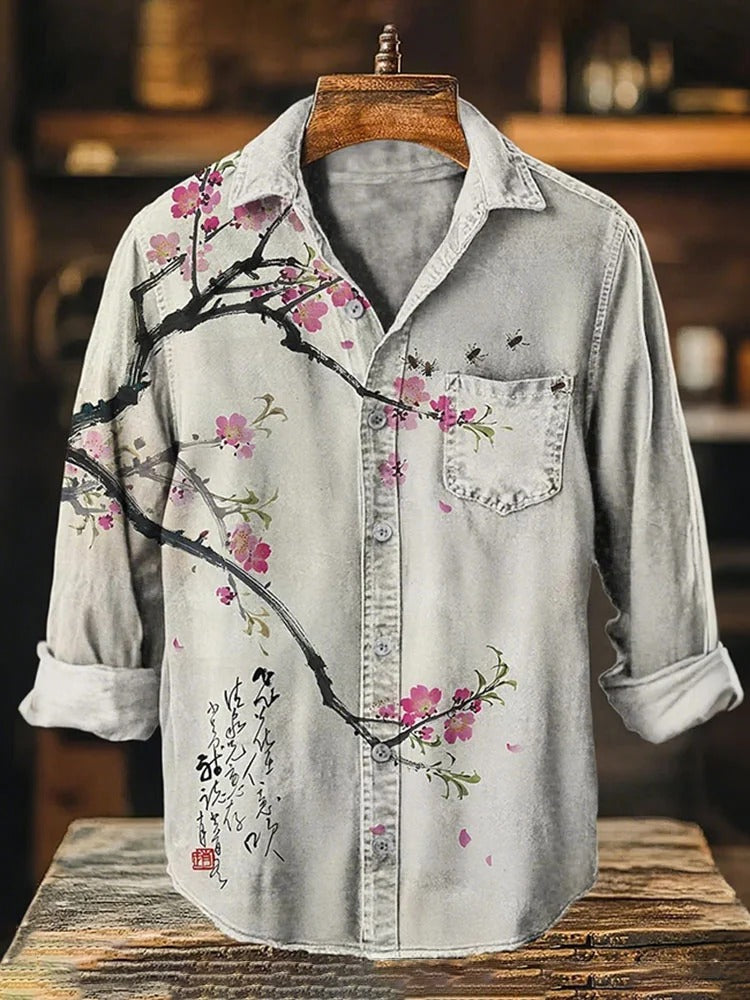 Stylitex Premium Cherry Blossom Branch Art Print Shirt for Men Casual Summer Half Sleeve Button Down Streetwear Designer Minimalist Japanese Style Fashion Shirt