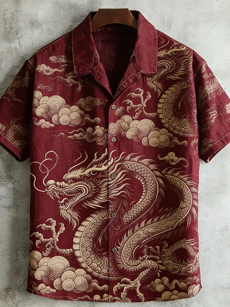 Stylitex Premium Red Dragon Cloud Art Print Shirt for Men Casual Summer Half Sleeve Button Down Streetwear Designer Luxury Asian Fashion Shirt