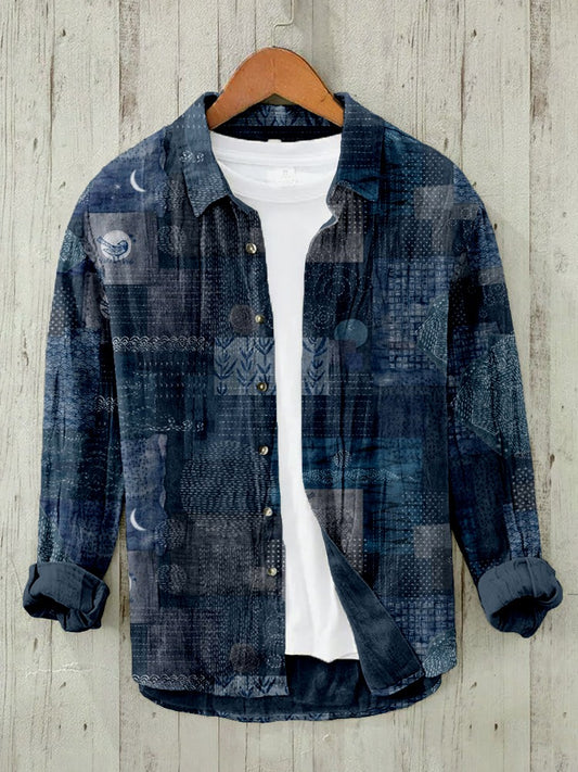 Stylitex Midnight Patchwork Shirt for Men Vintage Indigo Japanese Style Long Sleeve Casual Designer Shirt