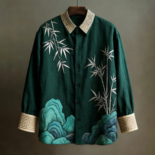 Stylitex bamboo mountain shirt for men. Japanese style long sleeve linen blend shirt with artistic ink wash landscape design.