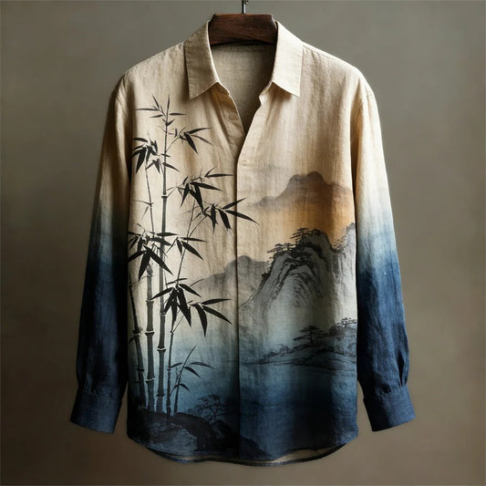 Stylitex Bamboo Mountain Ink Wash Shirt for Men Japanese Style Long Sleeve Casual Linen Blend Shirt Minimalist Landscape Designer Wear