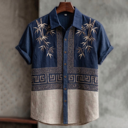Stylitex Premium Bamboo Embroidery Geometric Panel Shirt for Men Casual Summer Half Sleeve Button Down Streetwear Designer Linen Style Fashion Shirt