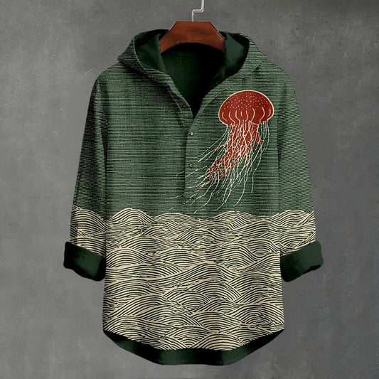 Stylitex Ocean Wave Jellyfish Hoodie Shirt for Men Casual Summer Lightweight Long Sleeve Beach Style Artistic Designer Streetwear Linen Blend Shirt