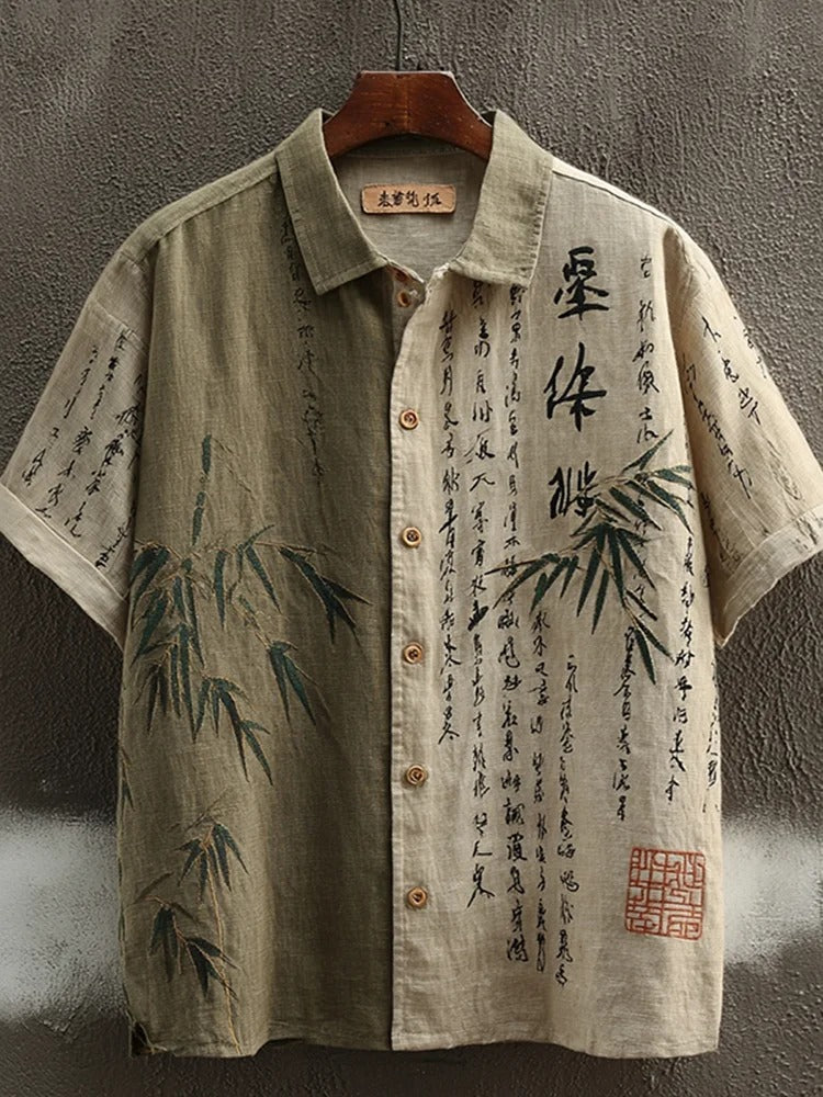 Stylitex Premium Japanese Bamboo Calligraphy Print Shirt for Men Casual Summer Half Sleeve Button Down Streetwear Minimalist Designer Fashion Shirt