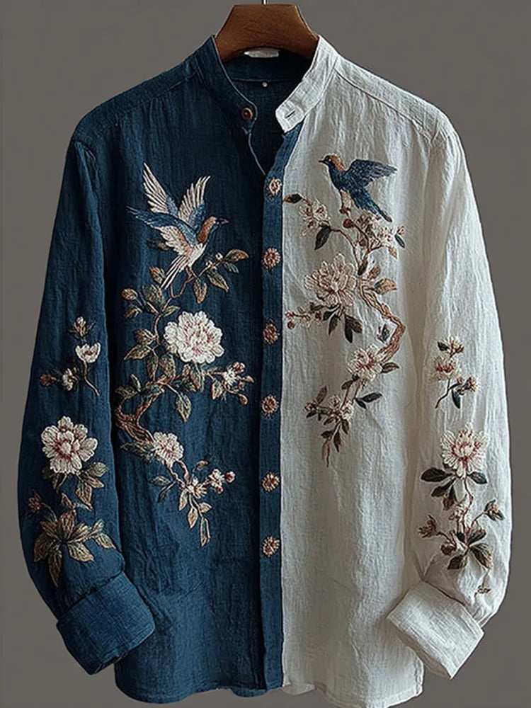 Stylitex Premium Dual Tone Embroidered Birds Floral Shirt for Men Casual Summer Half Sleeve Button Down Streetwear Designer Linen Style Elegant Fashion Shirt