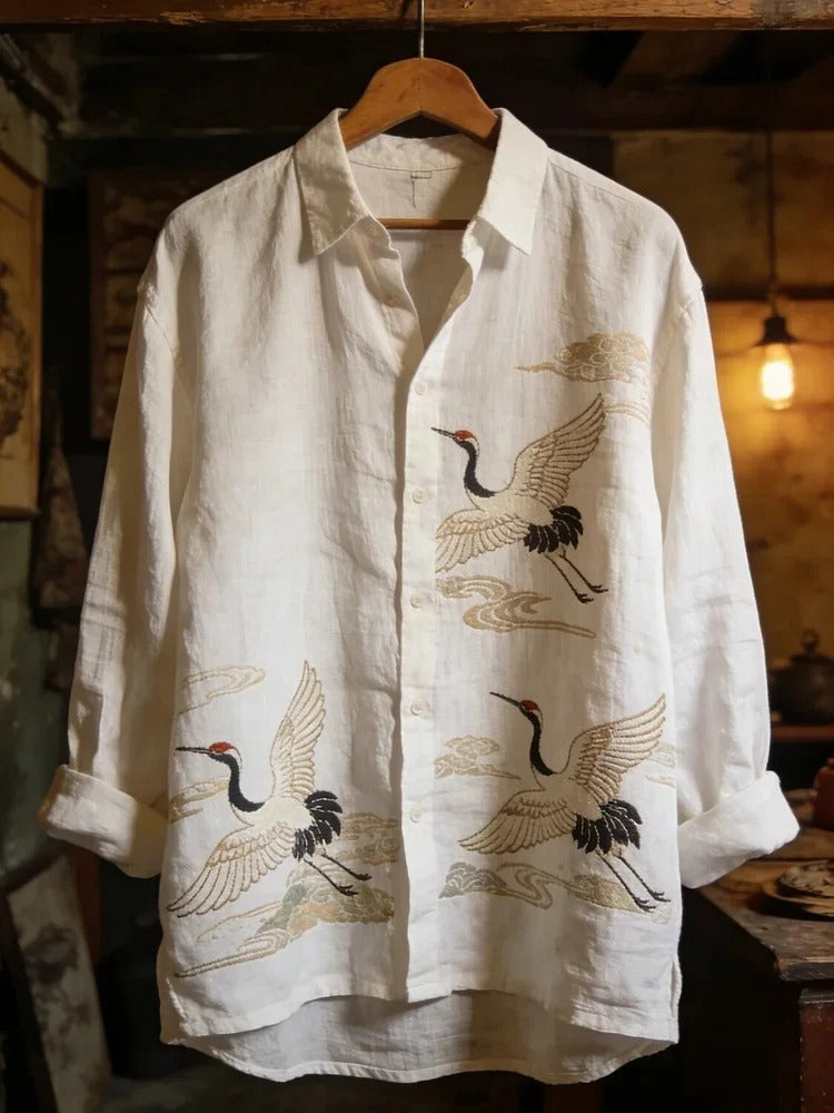 Stylitex Elegant Crane Embroidered Shirt for Men Japanese Style Long Sleeve Casual Linen Blend Shirt Minimalist Artistic Designer Wear