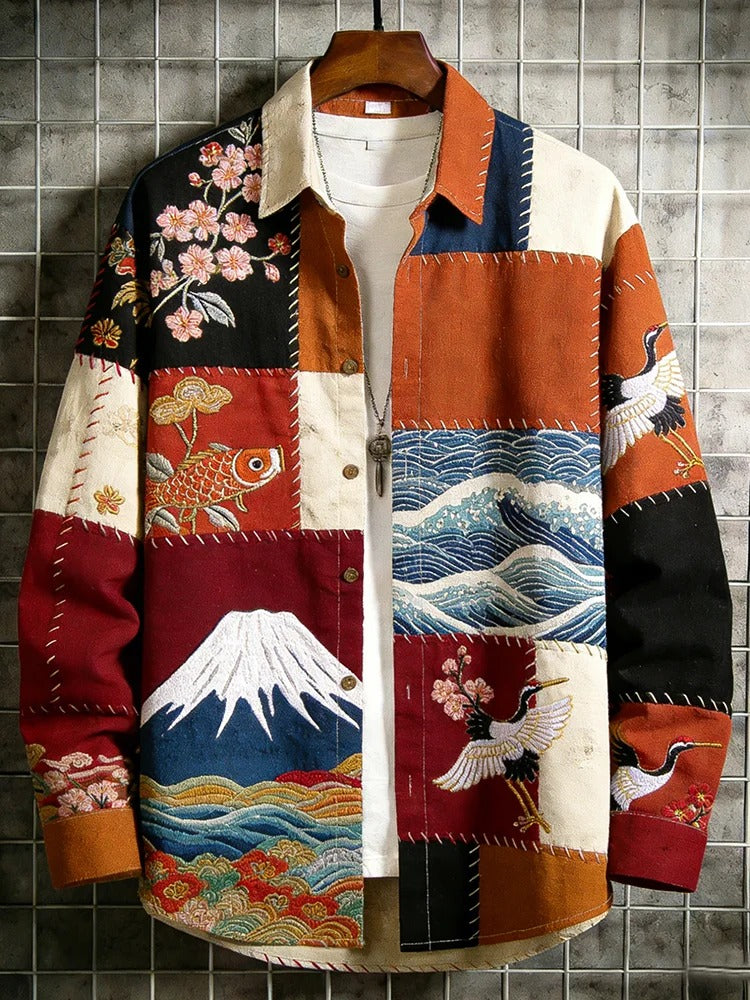 Stylitex Japanese Patchwork Art Shirt for Men Vintage Multi-Panel Long Sleeve Casual Linen Blend Shirt Crane Wave Sakura Fuji Designer Wear