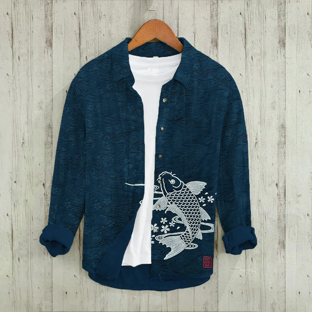Stylitex Premium Blue Koi Fish Embroidered Shirt for Men Casual Summer Half Sleeve Button Down Streetwear Designer Minimalist Japanese Style Fashion Shirt