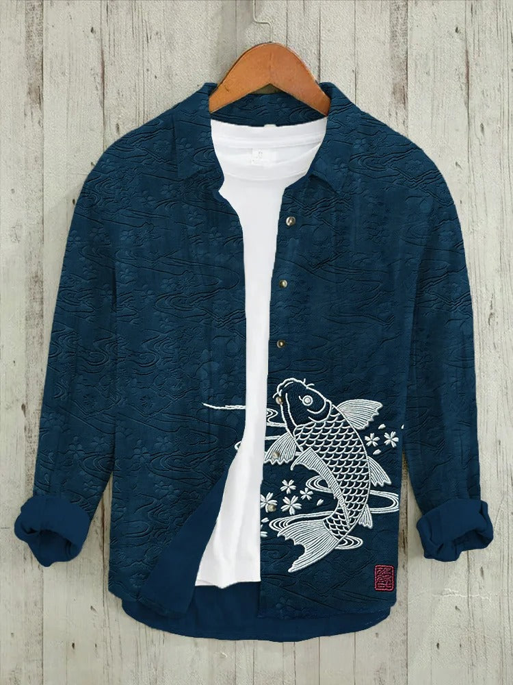 Stylitex Premium Blue Koi Fish Embroidered Shirt for Men Casual Summer Half Sleeve Button Down Streetwear Designer Minimalist Japanese Style Fashion Shirt