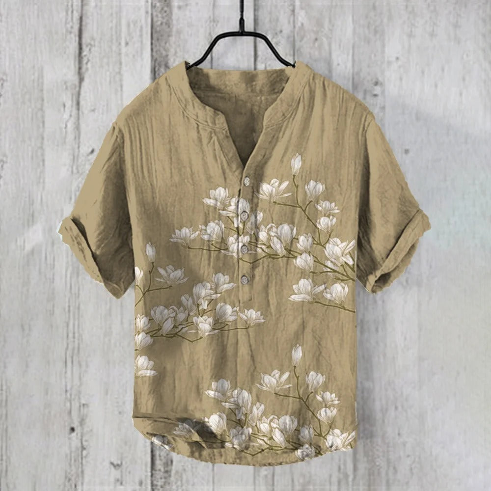 Stylitex Premium Minimal Grey Blossom Print Mandarin Collar Shirt for Men Casual Summer Half Sleeve Button Down Streetwear Elegant Linen Style Fashion Shirt