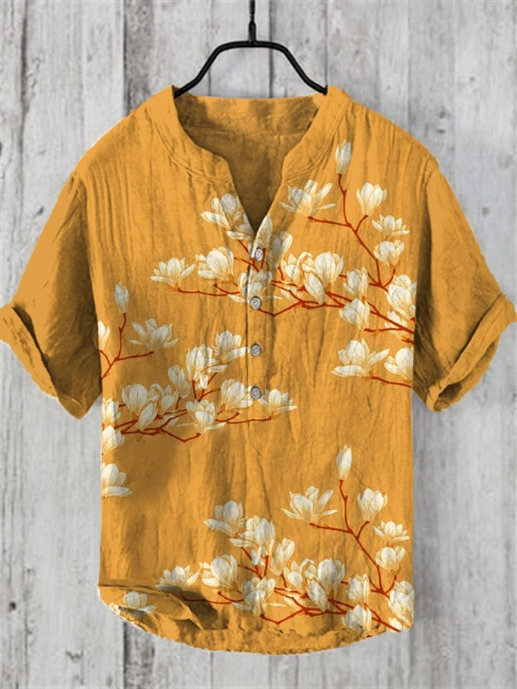 Stylitex Premium Minimal Grey Blossom Print Mandarin Collar Shirt for Men Casual Summer Half Sleeve Button Down Streetwear Elegant Linen Style Fashion Shirt