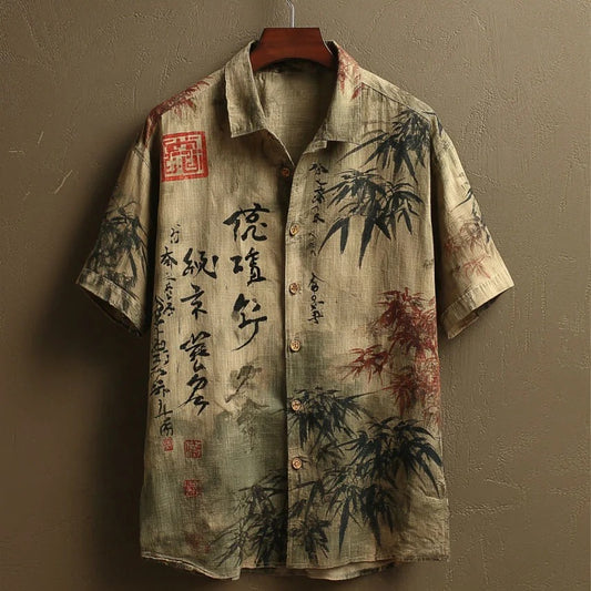 Stylitex Premium Vintage Japanese Bamboo Brush Art Print Shirt for Men Casual Summer Half Sleeve Button Down Streetwear Designer Minimalist Fashion Shirt