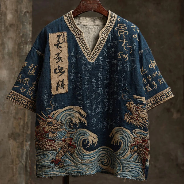 Stylitex Premium Japanese Wave Dragon Art V Neck Shirt for Men Casual Summer Half Sleeve Loose Fit Streetwear Designer Graphic Shirt