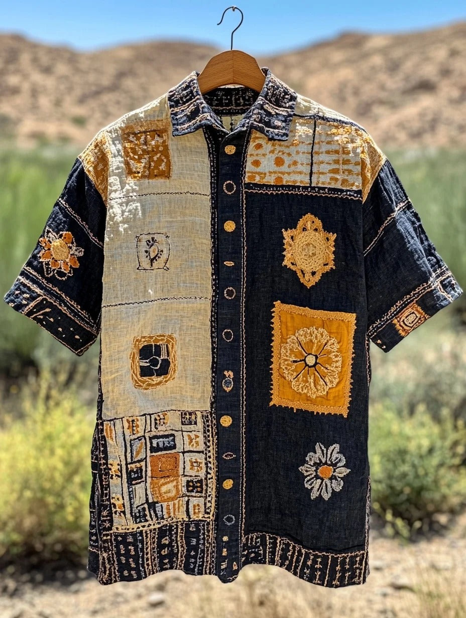 Stylitex Premium Boho Patchwork Pattern Print Shirt for Men Casual Summer Half Sleeve Button Down Streetwear Designer Vintage Ethnic Fashion Shirt
