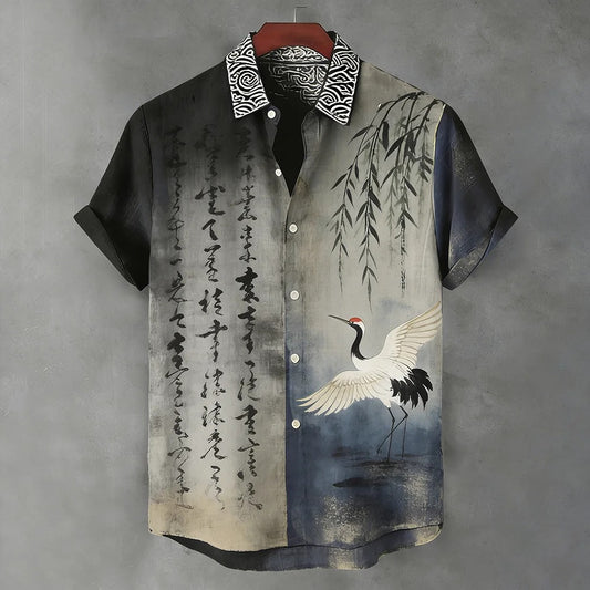 Stylitex Premium Japanese Crane Ink Art Print Shirt for Men Casual Summer Half Sleeve Button Down Streetwear Designer Minimalist Fashion Shirt