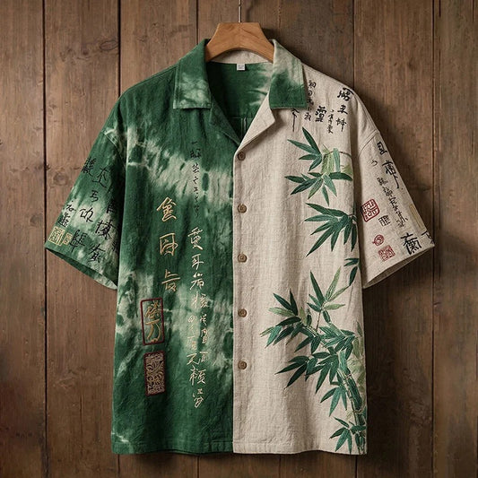 Stylitex Premium Dual Tone Green Bamboo Calligraphy Print Shirt for Men Casual Summer Half Sleeve Button Down Streetwear Designer Linen Style Fashion Shirt