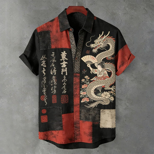 Stylitex Premium Japanese Dragon Geisha Patchwork Print Shirt for Men Casual Summer Half Sleeve Button Down Streetwear Designer Graphic Fashion Shirt