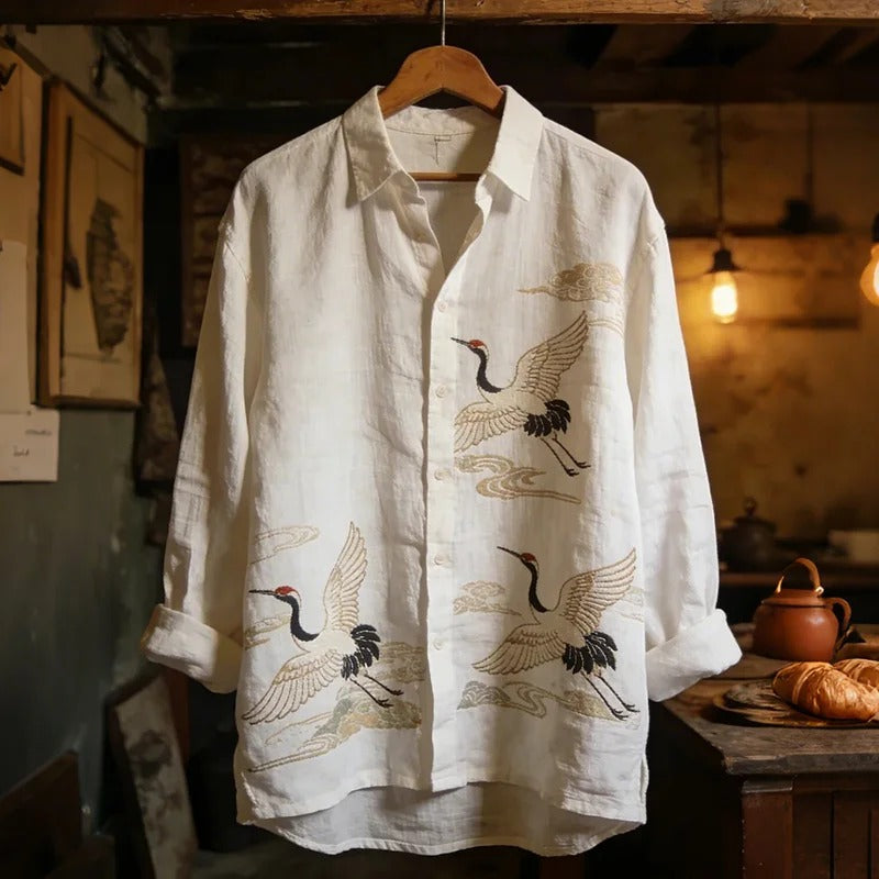 Stylitex Elegant Crane Embroidered Shirt for Men Japanese Style Long Sleeve Casual Linen Blend Shirt Minimalist Artistic Designer Wear