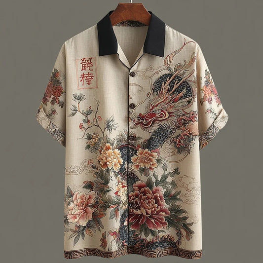 Stylitex Premium Japanese Dragon Floral Art Print Shirt for Men Casual Summer Half Sleeve Button Down Streetwear Designer Elegant Fashion Shirt