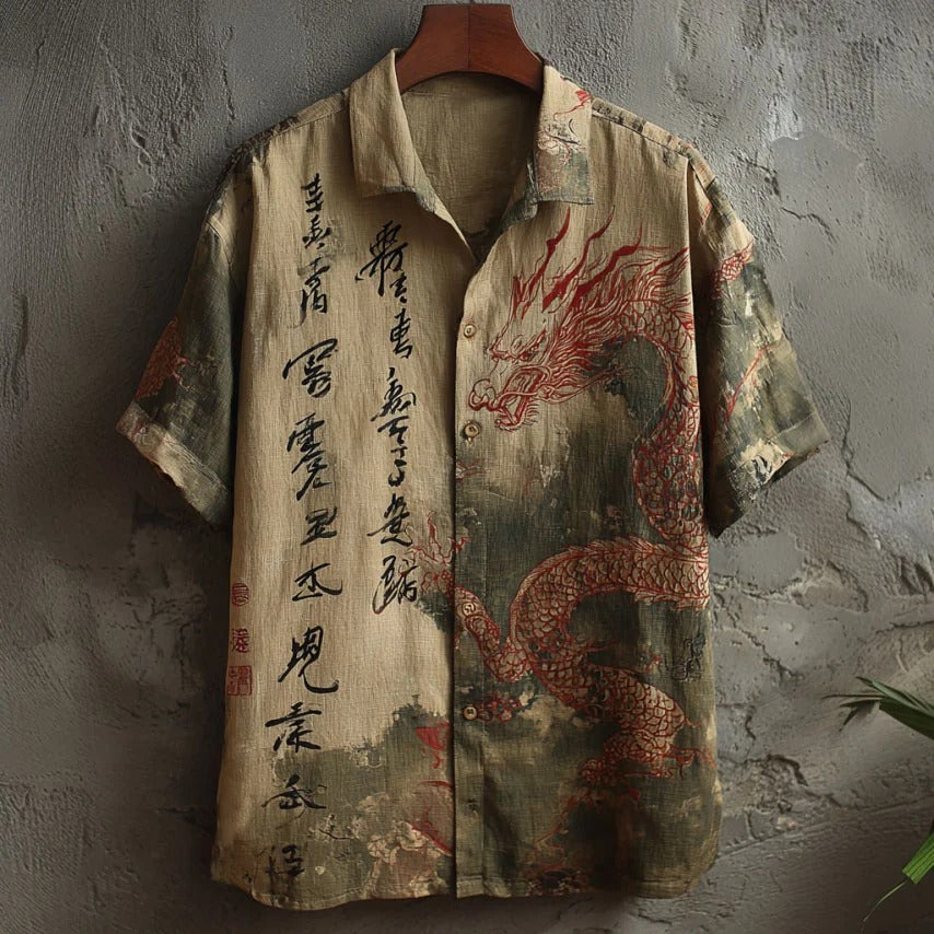 Stylitex Premium Vintage Japanese Red Dragon Brush Art Print Shirt for Men Casual Summer Half Sleeve Button Down Streetwear Designer Fashion Shirt