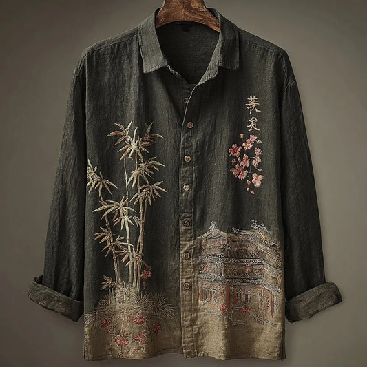Stylitex Premium Vintage Bamboo Temple Embroidered Shirt for Men Casual Summer Half Sleeve Button Down Streetwear Designer Linen Style Asian Art Fashion Shirt