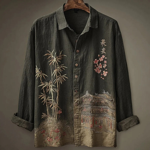 Stylitex Premium Vintage Bamboo Temple Embroidered Shirt for Men Casual Summer Half Sleeve Button Down Streetwear Designer Linen Style Asian Art Fashion Shirt