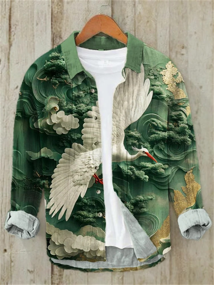 Stylitex Crane Harmony Shirt for Men Japanese Style Artistic Long Sleeve Casual Designer Shirt