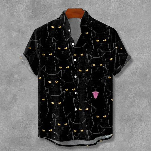 Stylitex Premium Black Cat Eyes Print Shirt for Men Casual Summer Half Sleeve Button Down Streetwear Fashion Graphic Shirt