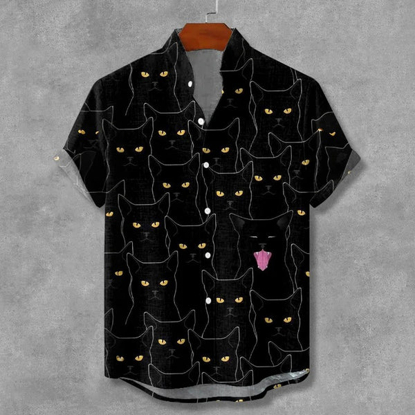 Stylitex Premium Black Cat Eyes Print Shirt for Men Casual Summer Half Sleeve Button Down Streetwear Fashion Graphic Shirt