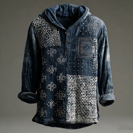 Stylitex Indigo Patchwork Hoodie Shirt for Men Vintage Japanese Style Long Sleeve Casual Linen Blend Hooded Shirt Artistic Streetwear