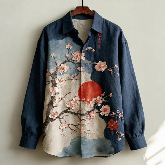 Stylitex Sakura Sun Artistic Shirt for Men Japanese Style Long Sleeve Casual Linen Blend Shirt Elegant Floral Designer Shirt