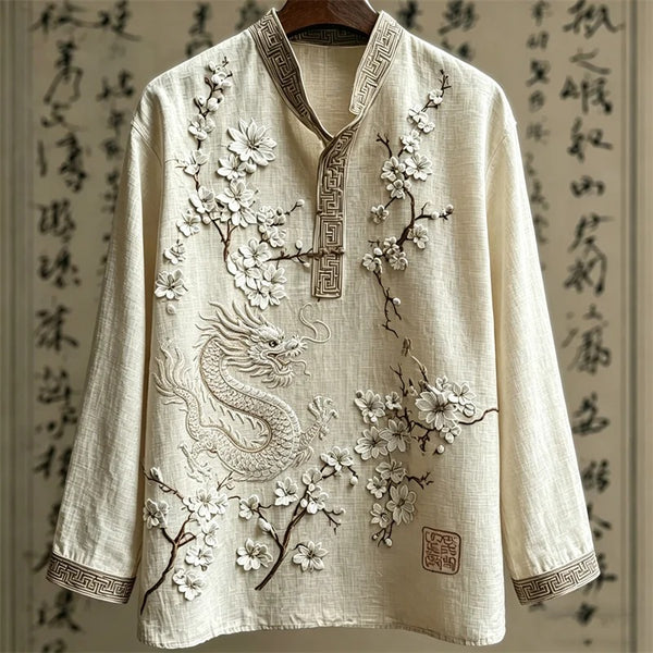 Stylitex Premium Mandarin Collar Dragon Blossom Embroidered Shirt for Men Casual Summer Half Sleeve Button Down Streetwear Designer Luxury Linen Style Asian Fashion Shirt